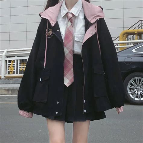 Japanese Kawaii Zipper Pink Woman Jacket 2020 Korean Color Matching