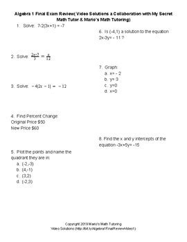 Algebra 1 Final Exam Review With Video Solutions By Mario S Math Tutoring