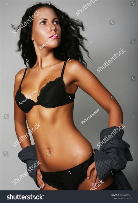 Sexy Woman Black Lingerie Black Stockings Stock Photo 1856976541