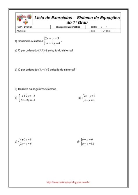 Lista De Exercícios Sistema De Equações Do 1° Grau