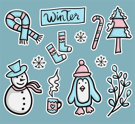 Colorful Hand drawn Winter stickers Collection 2024661 Vector Art at Vecteezy