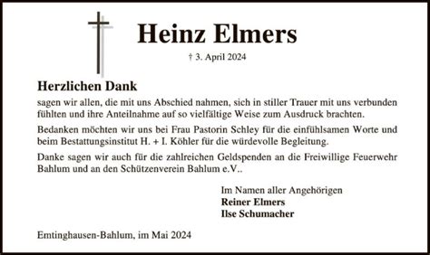 Traueranzeigen Von Heinz Elmers Trauer Kreiszeitung De