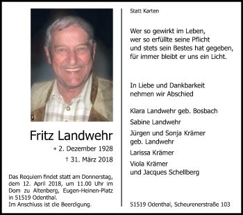 Traueranzeigen Von Fritz Landwehr WirTrauern