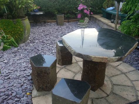 Polished Basalt Garden Table And Bench Set