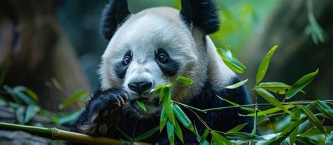 El oso panda comiendo bambú en el bosque | Foto Premium