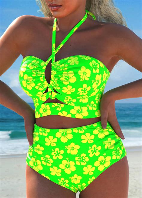 Drawstring Floral Print Neon Green Bikini Set Modlily USD