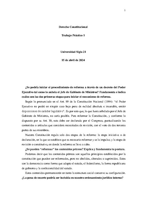 Tp1 Trabajo Práctico 1 Derecho Constitucional 1 Derecho Constitucional Trabajo Práctico 1