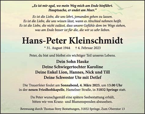 Traueranzeigen Von Hans Peter Kleinschmidt Trauer Anzeigen De