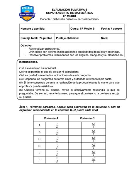 Solution Evaluaci N Sumativa V Racionalizaci N Y Tri Ngulos Forma