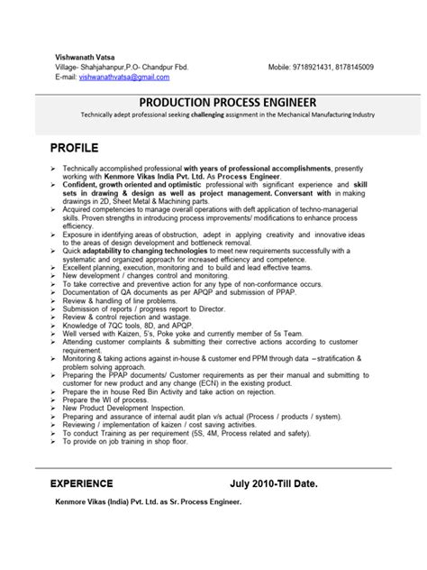 Production Process Engineer Profile Pdf Business Business Process