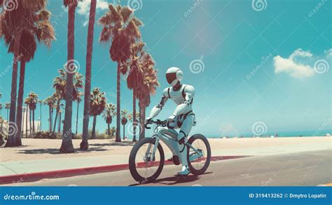 Cute Smart Cyborg Robot Riding Bicycle At Sunny Beach Funny Robot Cycling Artificial