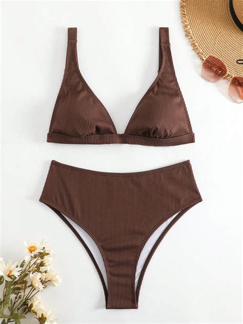 Ba Ador Bikini Unicolor Tri Ngulo De Talle Alto Moda De Mujer Shein