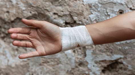 Arm Wrapped With White Gauze Bandage Background Accident Adult Aid