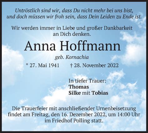 Traueranzeigen Von Anna Hoffmann Trauer Merkur De