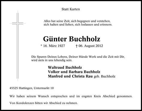 Traueranzeigen von Günter Buchholz Trauer in NRW de