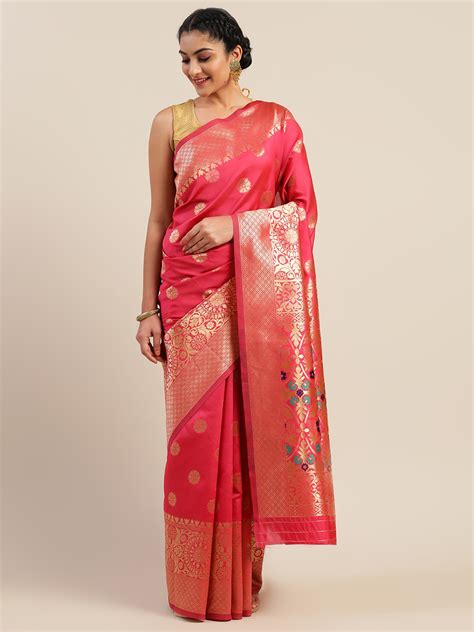 Buy Mitera Pink Gold Toned Art Silk Woven Design Saree Sarees For