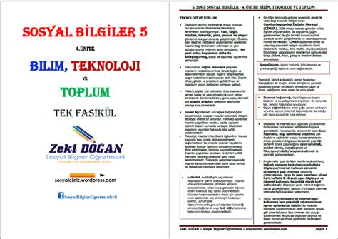 5 Sınıf Sosyal Bilgiler 4 Ünite Bilim Teknoloji ve Toplum Tek Fasikül