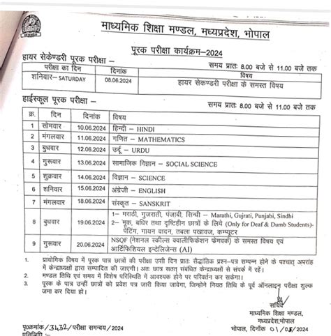 MP Board 10th Supplementary Exam Time Table 2024 Out