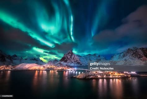 Aurora Borealis Lofoten Islands Norway Aurora Green Northern Lights Starry Sky With Polar Lights ...