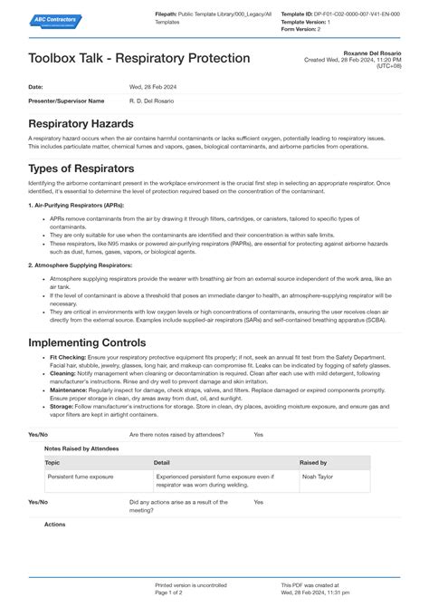 Free And Customisable Toolbox Talk Respiratory Protection Template