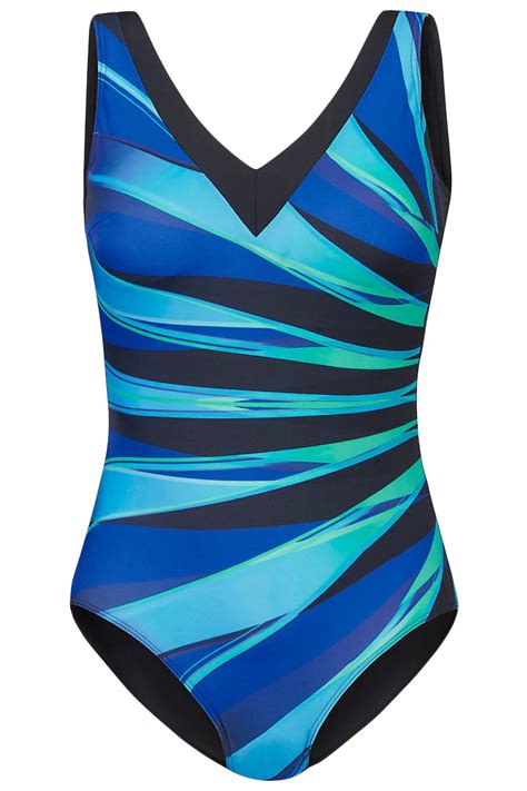 Черный купальник майо с асимметричными бирюзово-синими полосами арт ...