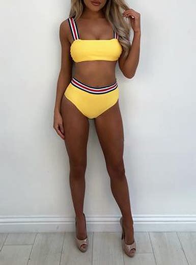 Wmns Bikini Set Athletic Style Racing Stripe Trimmed Band Top High