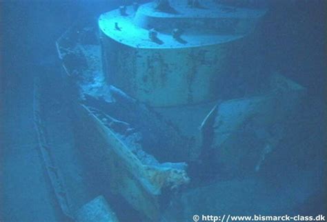 Wreck of the Bismarck - A port side view of the conning tower and open bridge. The huge damage ...