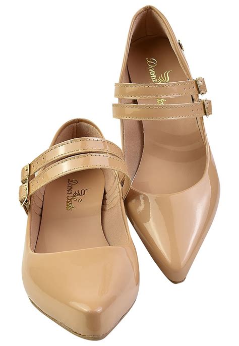 Scarpin Feminino Boneca Duas Tiras Bico Fino Salto Baixo Nude Compre