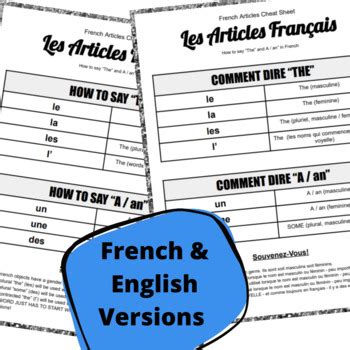 French Definite Indefinite Articles Les Articles Fran Ais Cheat Sheet Notes