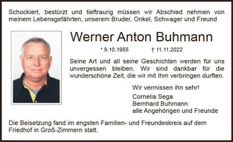 Traueranzeigen Von Werner Anton Buhmann Vrm Trauer De