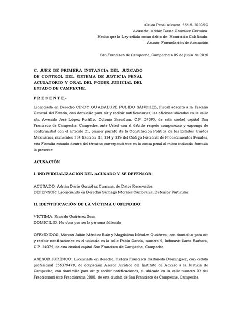 Escrito De Acusación Pdf Homicidio Derecho Penal