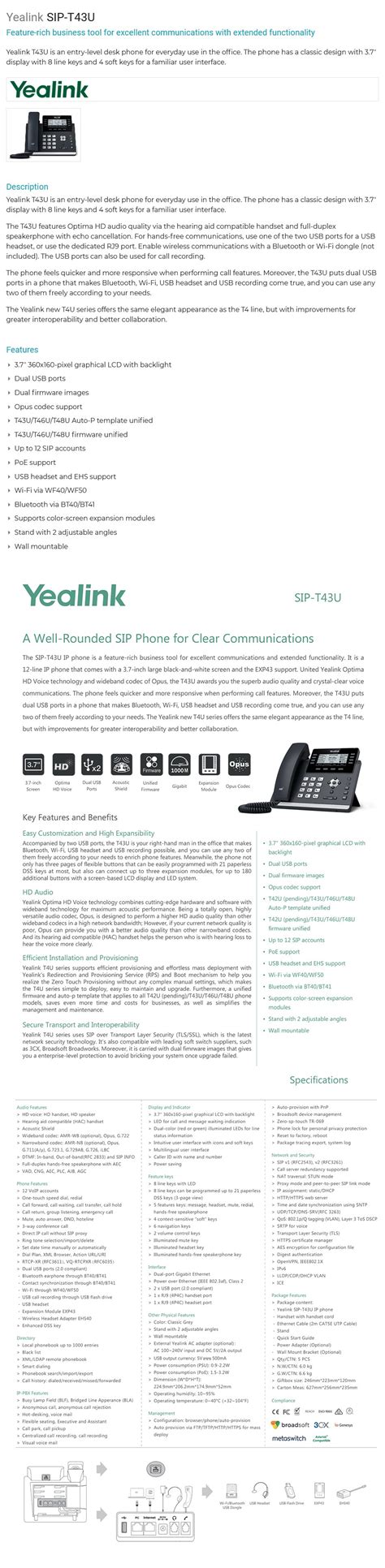 Yealink SIP-T43U 12-Line 3.7inch B/W LCD HD Business IP Phone | BPC ...