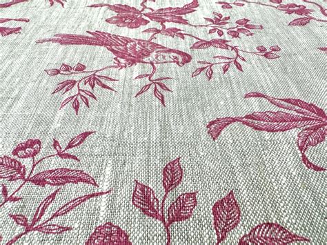 French Upholstery Linen Toile Bird Print In Raspberry Bandj Fabrics