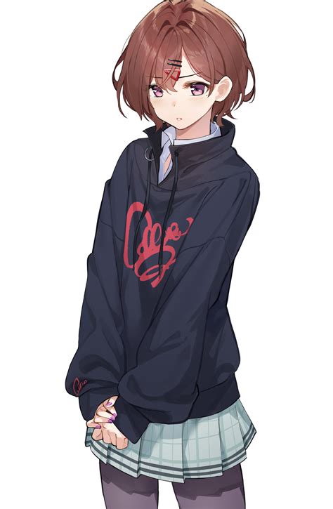 Safebooru 1girl Absurdres Bangs Black Hoodie Black Legwear Black Sweater Blue Skirt Blush