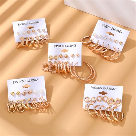 Vkme New Fashion Heart Pearl Gold Plated Big Hoop Earrings Set For