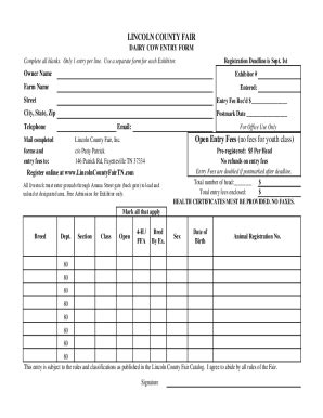 Fillable Online DAIRY COW ENTRY FORM Fax Email Print PdfFiller