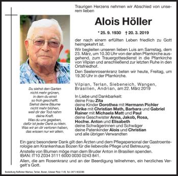 Traueranzeigen von Alois Höller Trauer bz