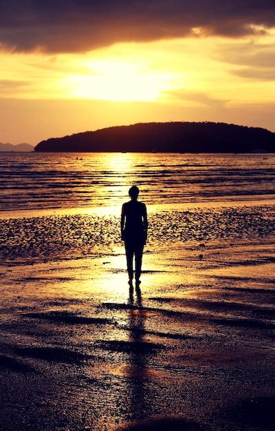 Premium Photo Silhouette Woman Standing At Beach During Sunset