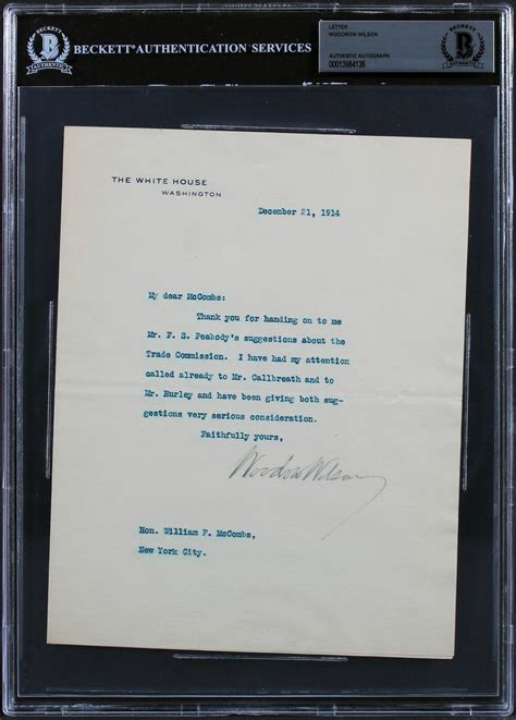 Woodrow Wilson Signed 7x8 75 1914 Letter On White House Letterhead Bas