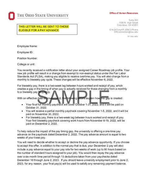 Fillable Online Hr Osu Sample Pay Advance Letter For Those Eligible