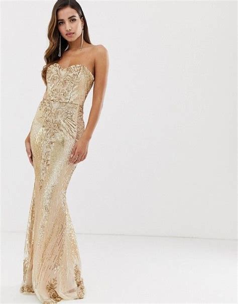 Goddiva Bandeau Sequin Embellished Maxi Dress In Gold Asos Maxi Bridesmaid Dresses