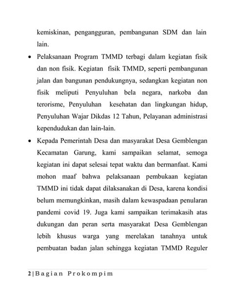 Sambutan Bupati Wonosobo Acara Pembukaan Tmmd Pdf