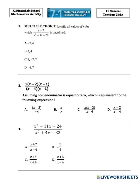 Rational Expressions interactive worksheet | Live Worksheets - Worksheets Library