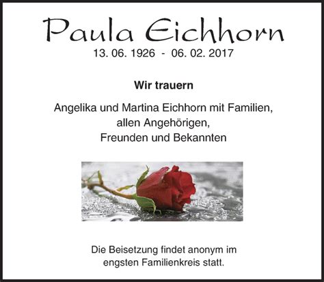 Traueranzeigen Von Paula Eichhorn Vrm Trauer De