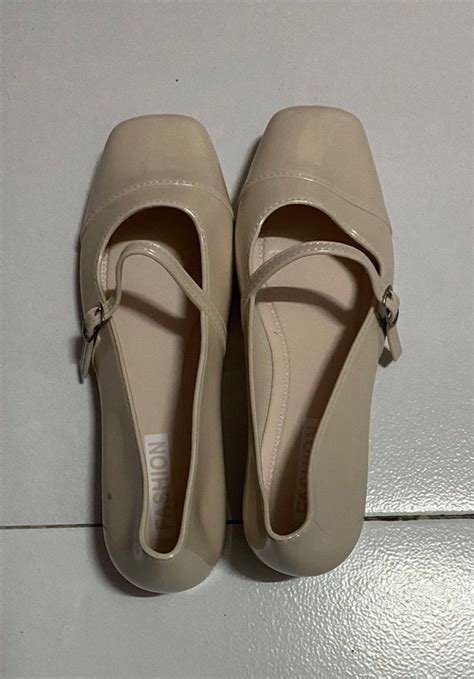 Beige Nude Mary Jane Shoes Glossy Rubber Flats Waterproof Shoes