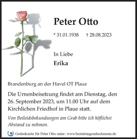 Traueranzeigen von Peter Otto Märkische Onlinezeitung Trauerportal