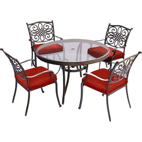 Hanover Traditions 5 Piece Metal Outdoor Dining Set With Red Cushions And Glass Top Table