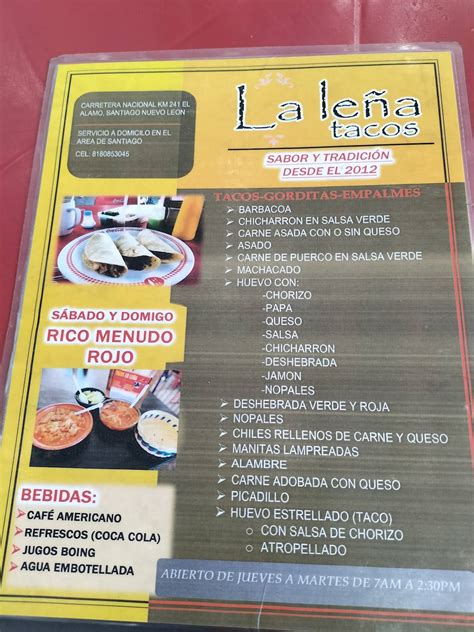 Carta Del Restaurante Tacos La Leña Santiago Carr Nacional 203