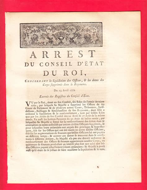 Arrest Du Conseil D Tat Du Roi Concernant La Liquidation Des Offices