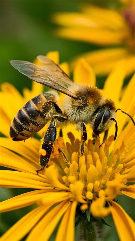 Honey Bee Covered With Pollen Collecting Nectar From Flowers Stock